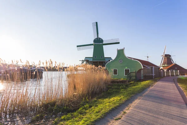 Větrné Mlýny Zaanse Schans Zaandamu Amdsterdamu Holandska — Stock fotografie