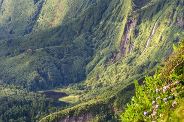 High view of Azores landscape in Flores island. Waterfalls in Poco do Ribeira do Ferreiro. Portugal clipart
