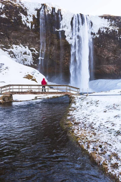 Selyalandfoss Καταρράκτη Στην Ισλανδία Tourist Απολαμβάνει Θέα Του Καταρράκτη Του — Φωτογραφία Αρχείου