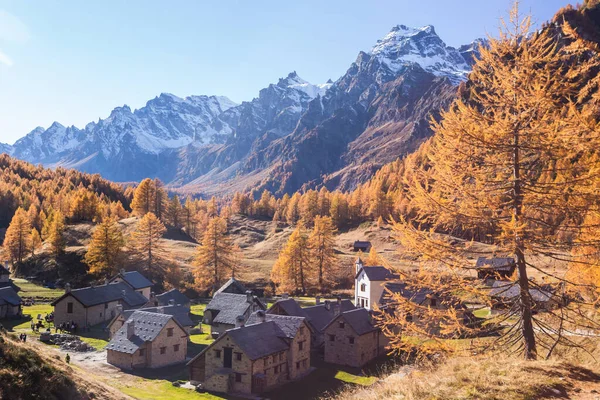 A pequena cidade de Crampiolo e monte Cervandone em um dia de verão, Alpe Devero, vale de Antigorio, Piemonte, Itália — Fotografia de Stock