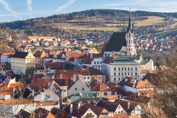 Telhados Azulejos Vermelhos Torres Cidade Velha Cesky Crumlov República Checa — Fotografia de Stock