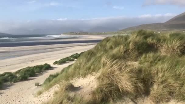 砂丘の草が前景に吹いているルスキネアのビーチ,ハリス島,外へヘブリディーズ,スコットランド ストック映像