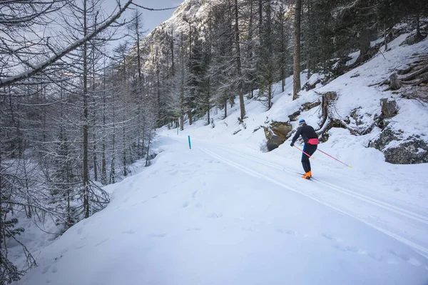 Esquí de fondo en Roseg Valley, Upper-Engadine Valley, Grisons, Graubunden, Suiza — Foto de Stock