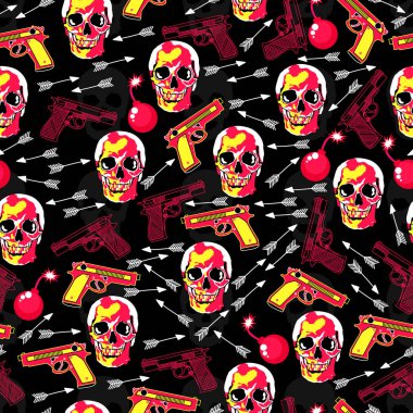 Parlak kafatasları, silahlar, ok ve bombalar ile orijinal seamless modeli. Pembe öğesinde tehlikeli tarzı pop sanat ile deli arka plan. 