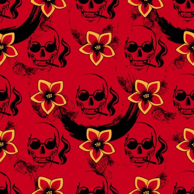 Sigara kafatası ve sarı çiçekleri ile kırmızı seamless modeli. Grange arka plan. 