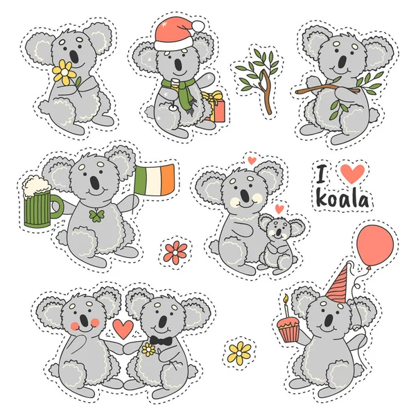 Conjunto Grande Pegatinas Insignias Con Lindo Oso Koala Diferentes Poses — Archivo Imágenes Vectoriales