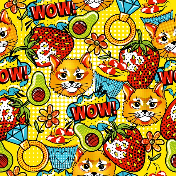 Background in style pop art with animal and different design elements and phrases. Seamless pattern with cat, avocado, cupcakes, flowers, brilliant, strawberry and cherry. 
