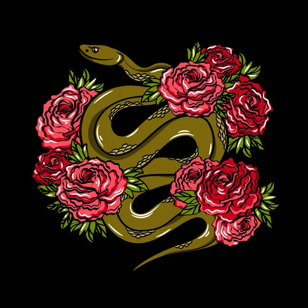 时尚刺绣与绿色蛇和玫瑰 时尚的例证与动物和花在黑暗的背景 清凉贴片 — 图库矢量图片