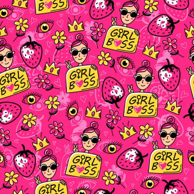 Kız patron. Büyük ve şık desen komik erkek, çilek, taç, gözleri, çiçekler ve aşk. Pembe arka plan serin kız için. Özgün süsleme.