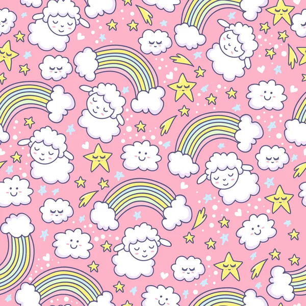 Sugar Seamless Pattern Sheep Rainbow Star Cloud Pastel Background Sweetie — Stock Vector