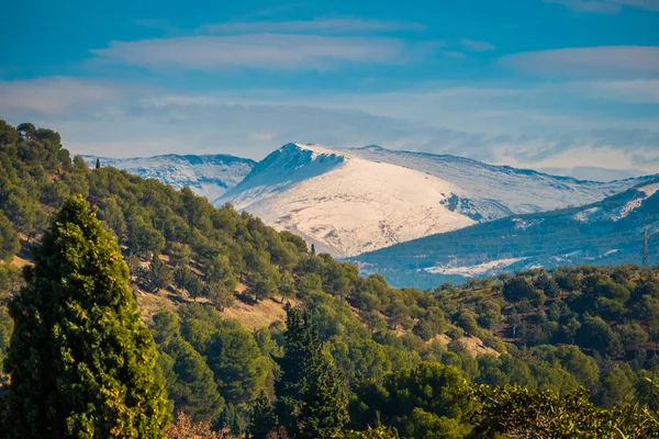 Granada City 'nin panoramik manzarası ve arka planda Sierra Nevada .