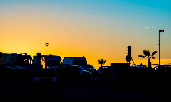 Silueta Colorido Atardecer Muelle Faro — Foto de Stock