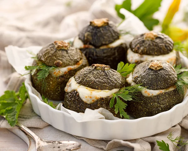 Vegetarian Stuffed Zucchini Baked Courgettes Stuffed Rice Mushrooms Cheese Addition — Stock Photo, Image