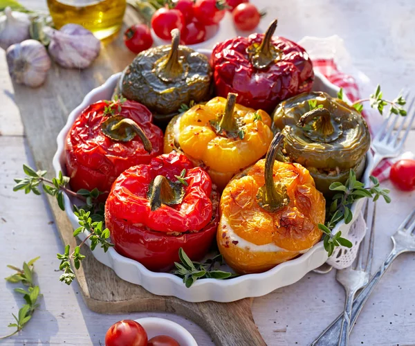 Roasted Bell Pepper Mushroom Rice Cheese Herbs Filling Baking Dish — Stock Photo, Image