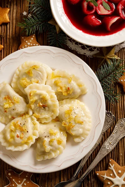 Christmas Dumplings Stuffed Mushroom Cabbage White Plate Top View Traditional — Stock Photo, Image