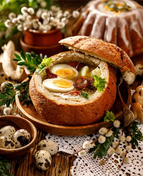 Sour Soup Zurek Made Rye Flour Sausage Boiled Eggs Served — Stock Photo, Image