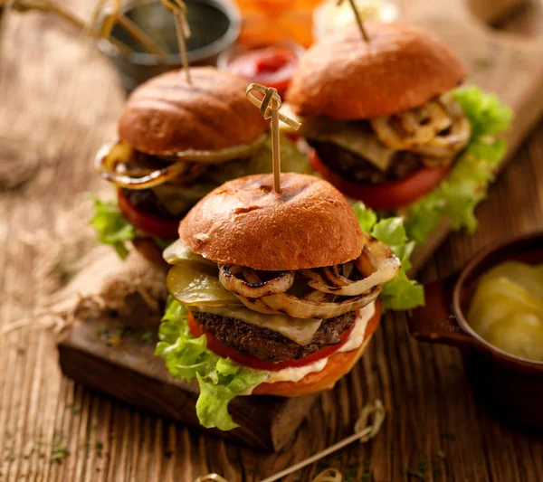 Homemade Burgers Wooden Board — Stock Photo, Image