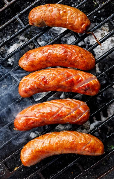 Gegrilde Worstjes Grillplaat Top Uitzicht Barbecue Barbecue — Stockfoto