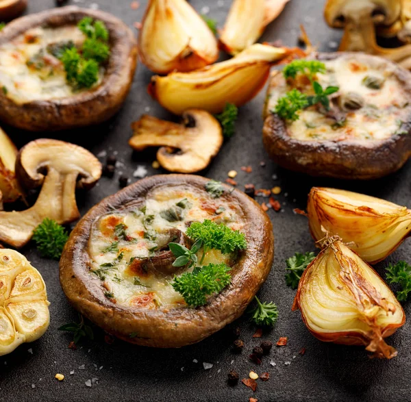 Baked Portobello Mushrooms Stuffed Cheese Herbs Black Background Close Vegetarian — Stock Photo, Image