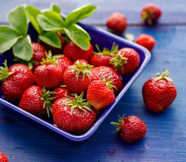 Fraises Fraîches Dans Plat Céramique Sur Une Table Bois Bleu — Photo