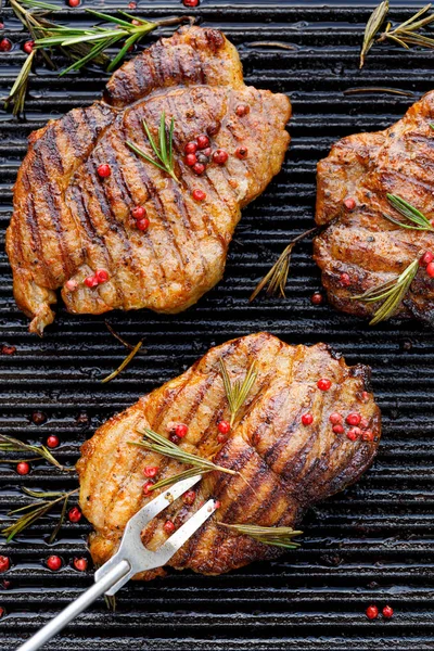 Grilled Pork Steak Pork Neck Addition Herbs Spices Grill Plate — Foto de Stock