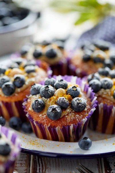 Blueberry Muffins Plate White Wooden Table Close Homemade Delicious Dessert — Stock Photo, Image