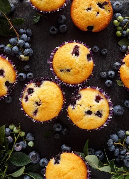Blueberry Muffins Een Zwarte Achtergrond Top Uitzicht Zelf Gemaakt Dessert — Stockfoto