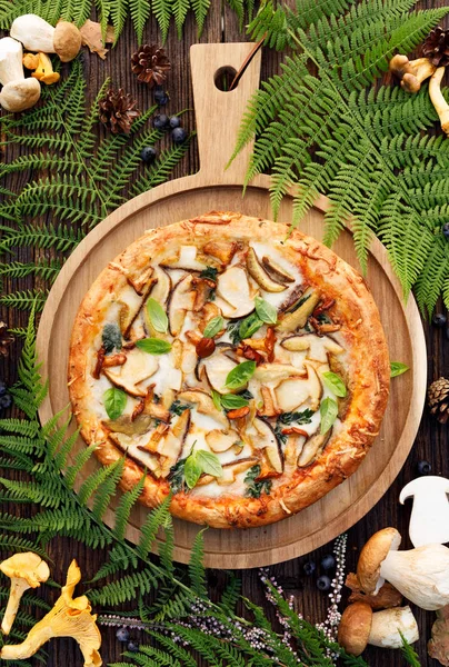 Mantar pizza, yabani yenilebilir mantar ilavesi ile pizza; porcini mantar, chanterelle ve mozzarella peyniri ve otlar bir orman düzenleme ahşap rustik masada, üst görünümü.
