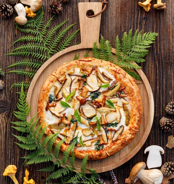 Mantar pizza, yabani yenilebilir mantar ilavesi ile pizza; porcini mantar, chanterelle ve mozzarella peyniri ve otlar bir orman düzenleme ahşap rustik masada, üst görünümü.