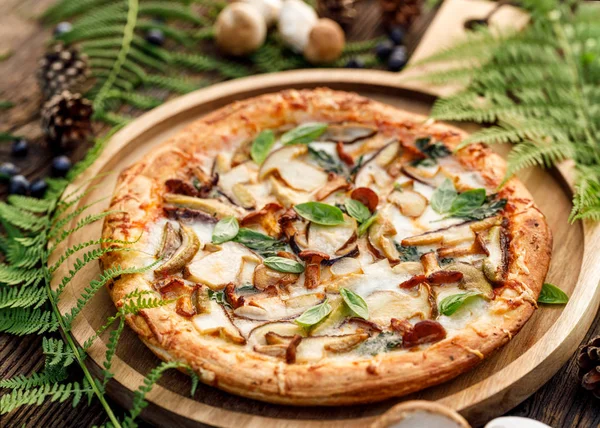 Mushroom pizza, pizza with addition of edible forest mushrooms (porcini mushrooms, chanterelle) and mozzarella cheese and herbs on a wooden rustic table in a forest arrangement.