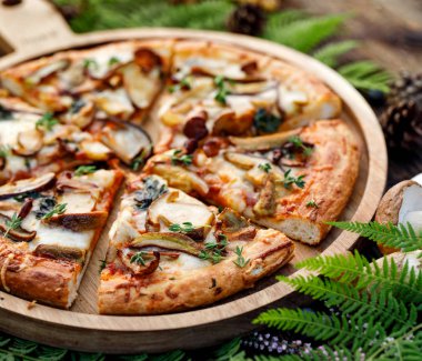 Mantar pizza, yabani yenilebilir mantar ilavesi ile pizza; porcini mantar, chanterelle ve mozzarella peyniri ve otlar bir orman düzenleme ahşap rustik masada, yakın çekim.