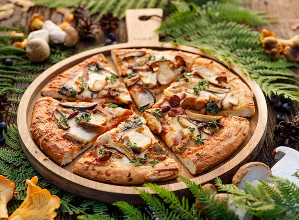 Mantar pizza, yabani yenilebilir mantar ilavesi ile pizza; porcini mantar, chanterelle ve mozzarella peyniri ve otlar bir orman düzenleme ahşap rustik masada.