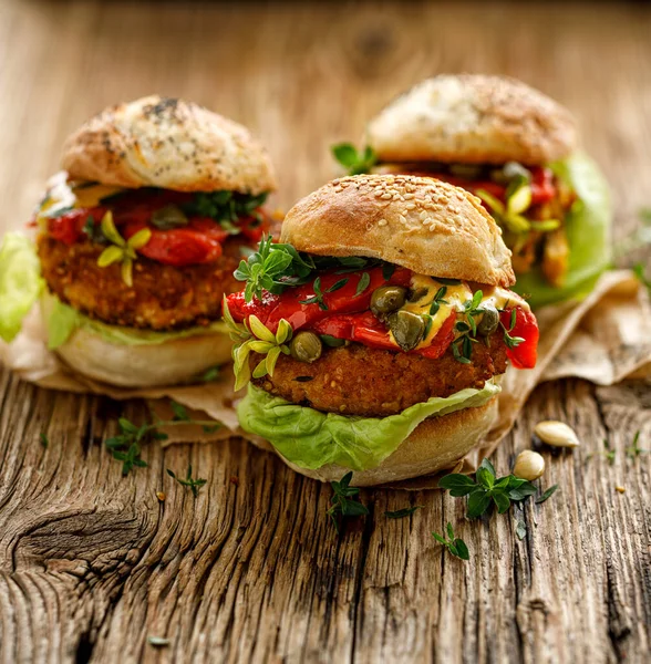 Vegan Burgers Pumpkin Burgers Addition Grilled Peppers Lettuce Fresh Herbs — Stock Photo, Image