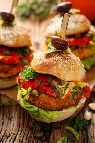Pumpkin Burgers Addition Grilled Peppers Fresh Lettuce Herbs Capers Wooden — Stock Photo, Image