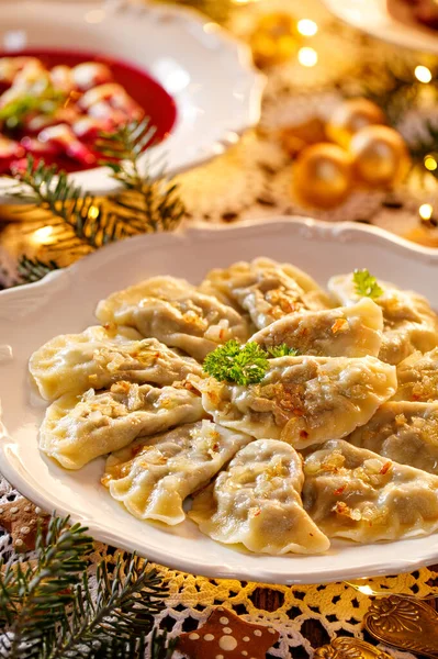 Christmas Dumplings Stuffed Mushroom Cabbage White Plate Holiday Table Close — Zdjęcie stockowe