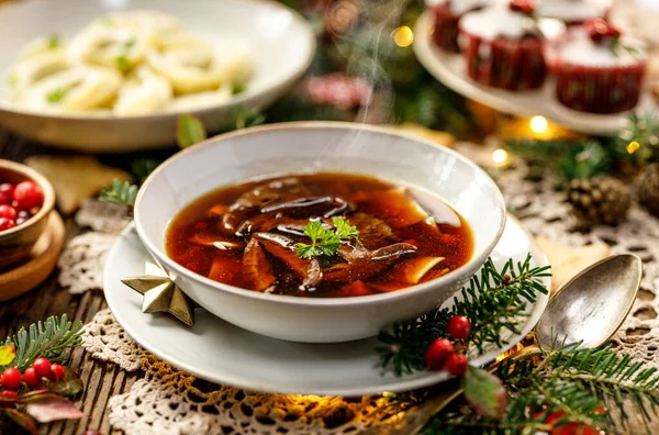 Різдвяний Грибний Суп Традиційний Вегетаріанський Грибний Суп Виготовлений Висушених Лісових — стокове фото