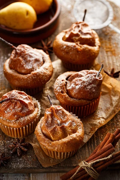 Homemade Pear Muffins Cinnamon Sprinkled Powdered Sugar Wooden Board — Stock Photo, Image