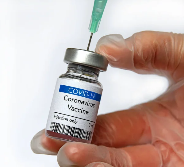 Envase Del Vial Vacuna Contra Coronavirus Mano —  Fotos de Stock