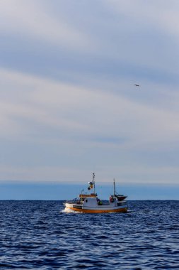 RUNDE, NORway - 2017 Ekim 19. Kuş adasının dışında denizde küçük bir balıkçı teknesi Runde.