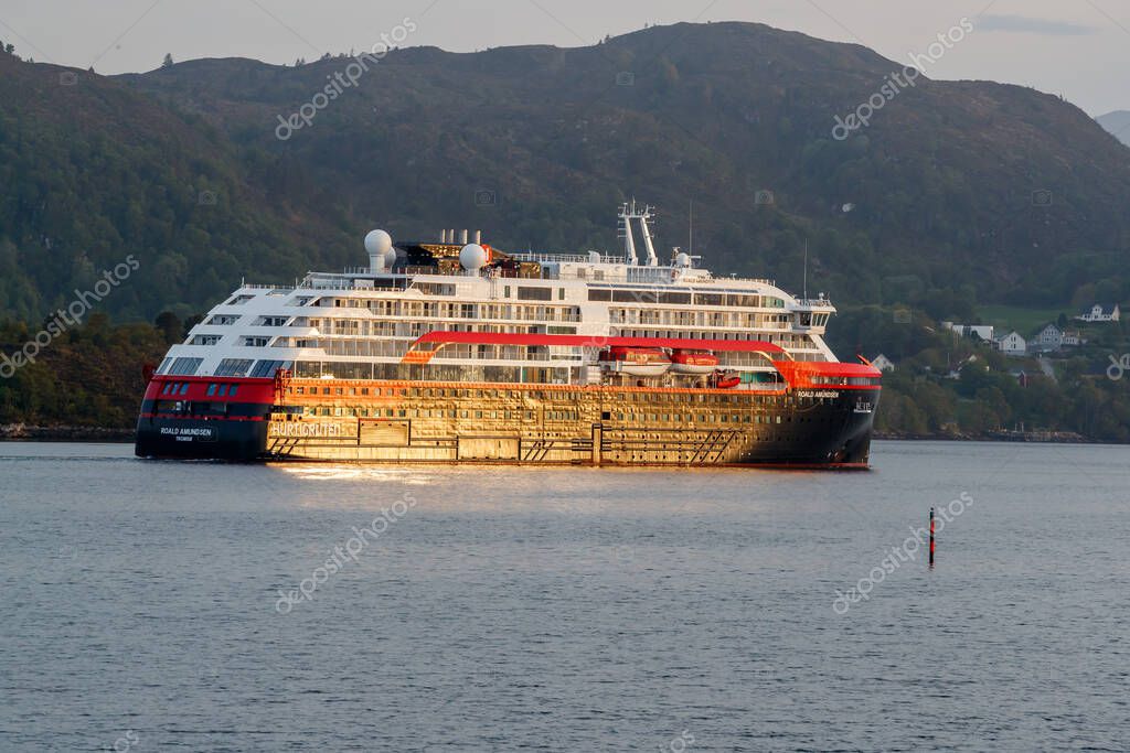 Ulsteinvik Norway 2019 June Roald Amundsen Hybrid Vessel In The Fjord Of Ulsteinvik 416473352 Larastock