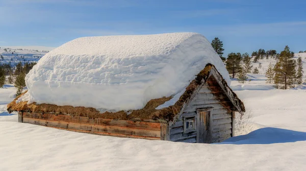 Stryn Norway 2018 March Коттедж Большим Количеством Снега Крыше — стоковое фото