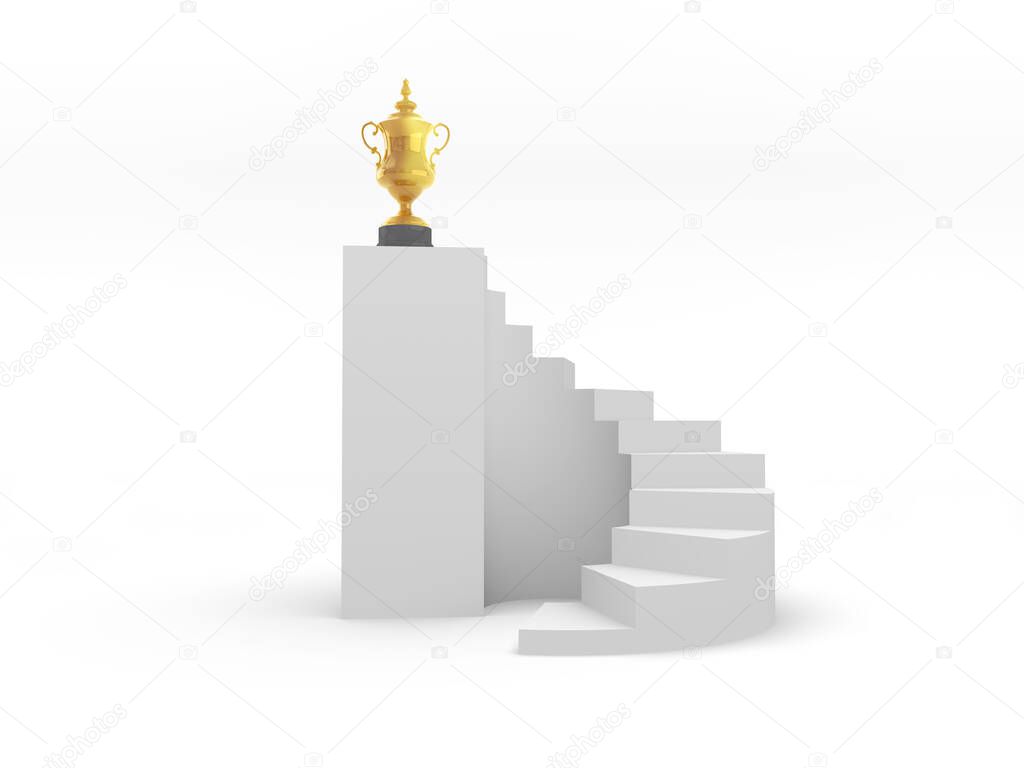 3D illustration of trophy placed on top of a spiral staircase
