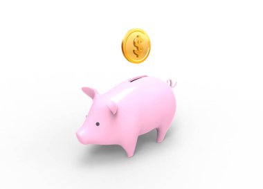 Piggy Bank Tasarruf kavramının 3 boyutlu görüntüsü ve ABD Doları Altın Para