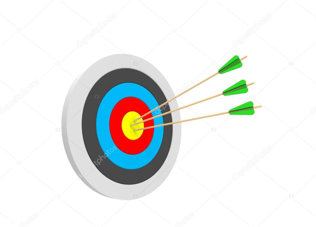 Dart Game 3D Illustration - Arrows hit at the center of the dart board