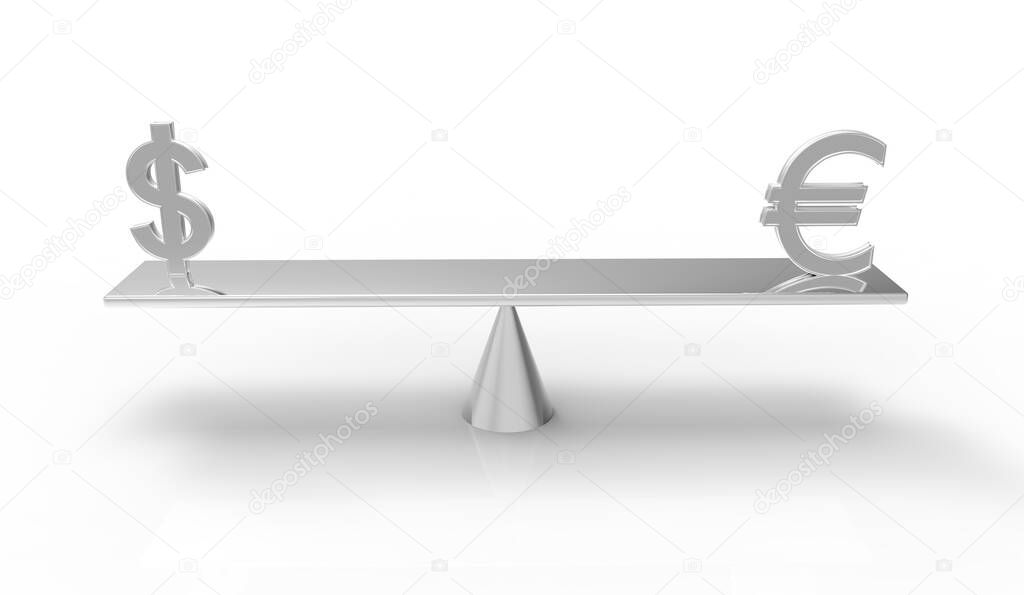 3D illustration of Dollar and Euro signs on a beam balance