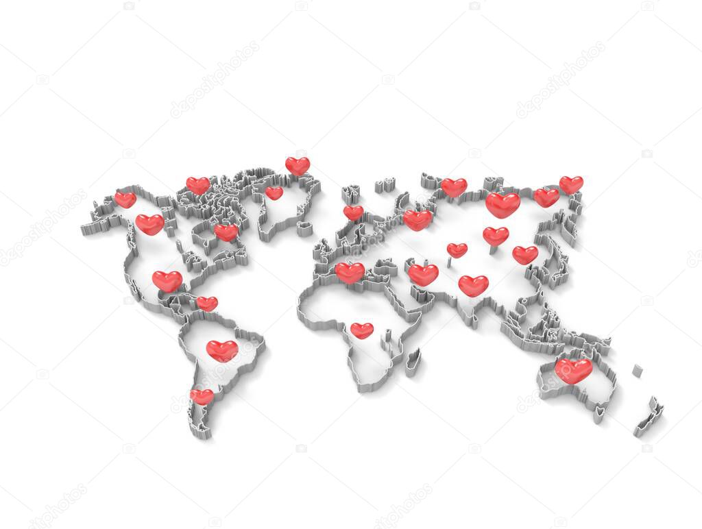 3D render image of world map with heart shapes