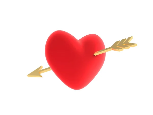 Bir Aşk Tanrısının Altın Okuyla Delinmiş Kırmızı Kalp Boyutlu Illüstrasyon — Stok fotoğraf