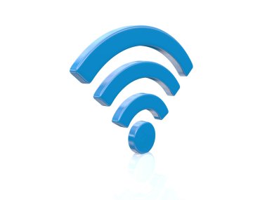 Dikey duran mavi renkli wifi sembolünün 3B görüntüsü