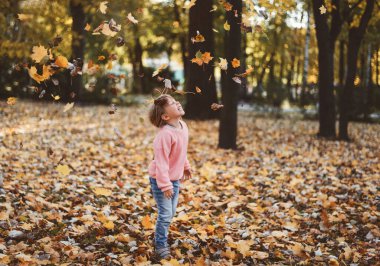Bir çocuk sonbaharda yapraklarla oynar