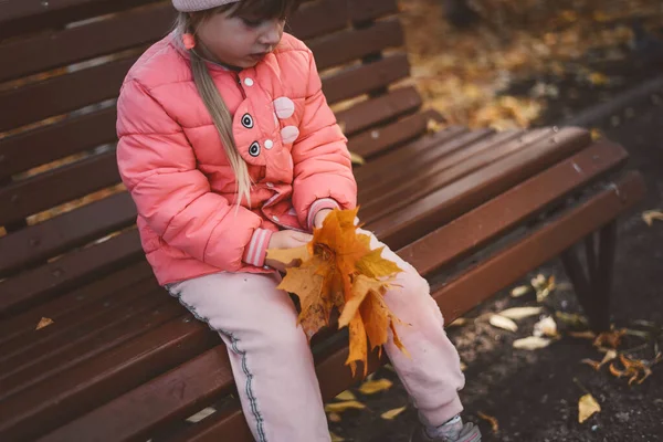 Bir çocuk sonbaharda yapraklarla oynar